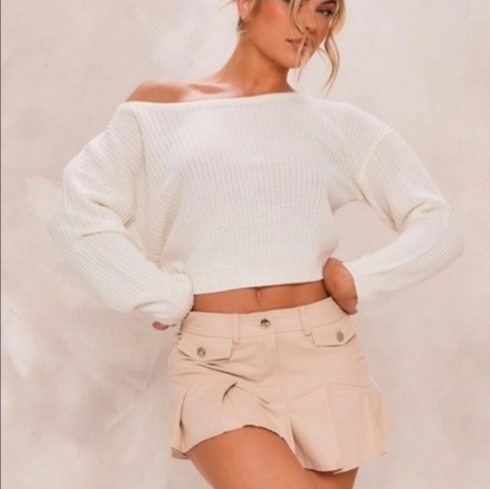 PrettyLittleThing White Off-the-Shoulder Cropped Knit Sweater